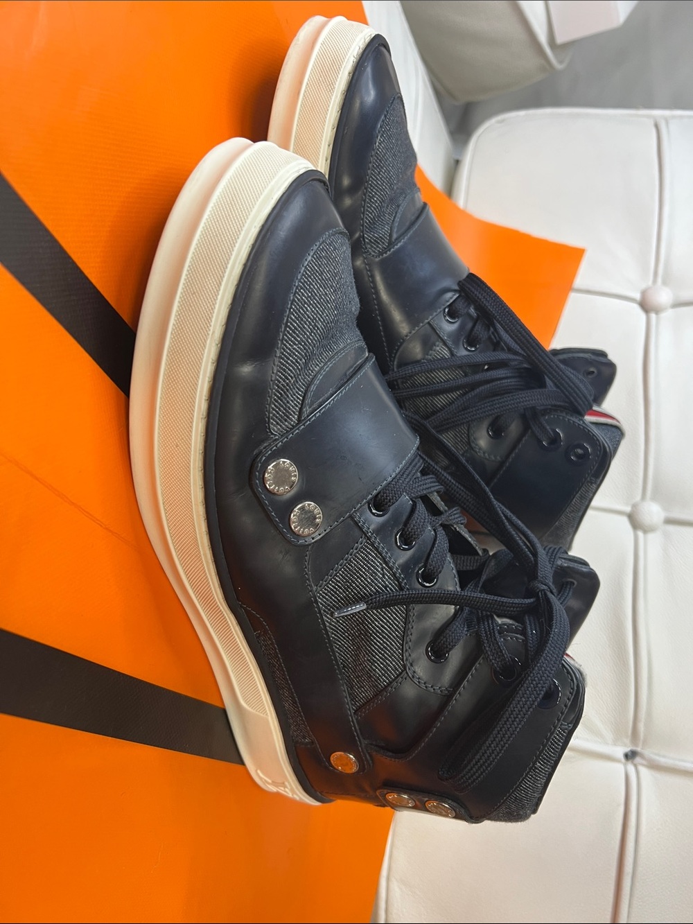 Louis Vuitton Black High-Top Leather & Textile Sneakers with Cream Sole